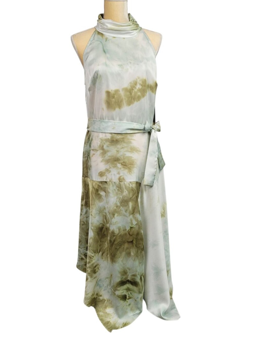 Vince Camuto Midi Dress Women's 14 Tie Dye Green Halter Asymmetrical Hem Ties